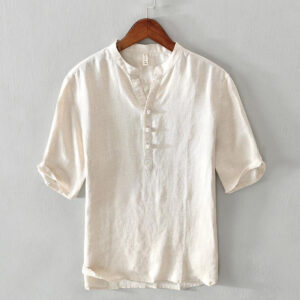 Buddha Stones Daily Solid Color Stand Collar Half Sleeve Linen Half Button Men's Shirt - LightYellow - US/UK/AU42，EU52 (3XL) - image 1