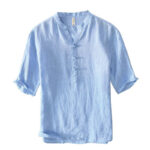 Buddha Stones Daily Solid Color Stand Collar Half Sleeve Linen Half Button Men's Shirt - image 13