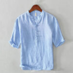 Buddha Stones Daily Solid Color Stand Collar Half Sleeve Linen Half Button Men's Shirt - CornflowerBlue - US/UK/AU42，EU52 (3XL) - image 12