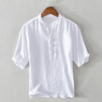Buddha Stones Daily Solid Color Stand Collar Half Sleeve Linen Half Button Men's Shirt - White - US/UK/AU42，EU52 (3XL) - image 6