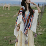 Buddha Stones Tibetan Colorful Striped Shawl Tassels Cozy Warm Travel Scarf Wrap Tibetan Shawl BS Beige Blue Brown Orange 185cm*65cm