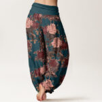 Buddha Stones Casual Lush Peony Flowers Leaf Pattern Women's Elastic Waist Harem Pants - image 10