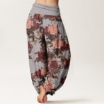 Buddha Stones Casual Lush Peony Flowers Leaf Pattern Women's Elastic Waist Harem Pants - image 7