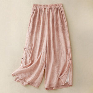Buddha Stones Casual Plain Color Chinese Frog Button Cotton Linen Women's Wide Leg Pants