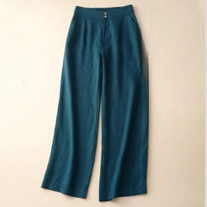 Buddha Stones Summer Casual Simple Design Linen Women's Wide Leg Pants With Zipper Pockets - Teal - US8-10，UK/AU12-14，EU40-42 (2XL) - image 1