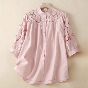 Buddha Stones Casual Embroidery Flower Hole Design Three Quarter Sleeve Cotton Linen Women's Shirt