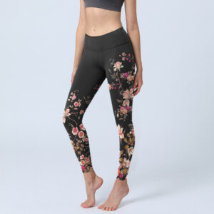 Buddha Stones Pink Roses Beige Flowers Print Gym Fitness Leggings Women's Yoga Pants - Black - US18，UK/AU22，EU50 (4XL) - image 1