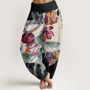 Buddha Stones Tulips Green Leaves Design Women's Elastic Waist Harem Pants - Black - US22，UK/AU26，EU54 (6XL) - image 1