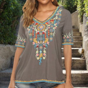 Buddha Stones Embroidery Flower Design Short Sleeve V-neck Cotton Women's T-Shirt