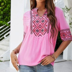 Buddha Stones Summer Boho Embroidery Floral Pattern Half Sleeve V-neck Cotton Women's T-Shirt