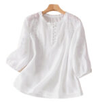 Buddha Stones Casual Plain Button Floral Embroidered Design Puff Half Sleeve Cotton Linen Women's Shirt - image 12