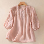 Buddha Stones Casual Plain Button Floral Embroidered Design Puff Half Sleeve Cotton Linen Women's Shirt - LightPink - US8-10，UK/AU12-14，EU40-42 (2XL) - image 13