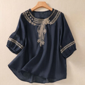 Buddha Stones Artistic Plain Floral Embroidered Design Crew Neck Puff Half Sleeve Cotton Linen Women's T-Shirt