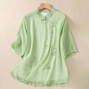Buddha Stones Embroidery Plants Flower Half Sleeve Plain Frog-Button Stand Collar Women's Shirt