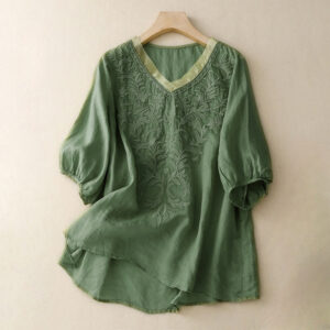 Buddha Stones Vintage Casual Pure Leaf Embroidery V-Neck Half Sleeve Cotton Women's T-Shirt