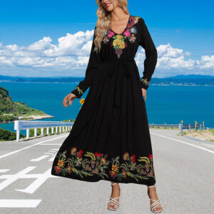 Buddha Stones Black Solid Color Loose Ethnic Embroidery Floral Pattern Cotton Maxi Dress