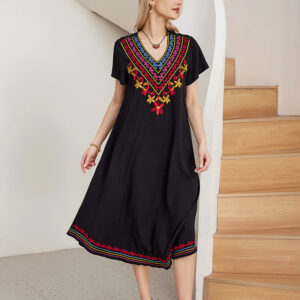 Buddha Stones Black Summer Casual Bohemian Embroidery Geometric Pattern Short Sleeve V-Neck Cotton Midi Dress