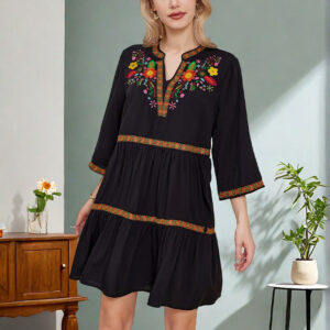 Buddha Stones Black Loose Bohemian Embroidery Floral Geometric Pattern Three Quarter Sleeve Cotton Midi Dress