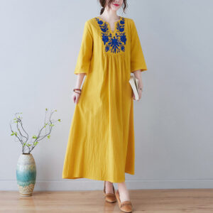 Buddha Stones Casual Bohemia Embroidery Floral Simple Design Three Quarter Sleeve V-Neck Cotton Linen Maxi Dress