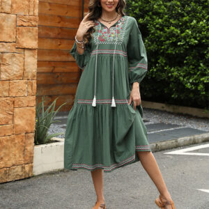 Buddha Stones DarkGreen Retro Ethnic Embroidery Long Lantern Sleeve Linen Cotton Midi Dress