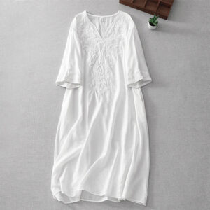 Buddha Stones Summer White Pure Color Embroidery Leaf Flower V-Neck Short Sleeve Midi Dress With Pockets