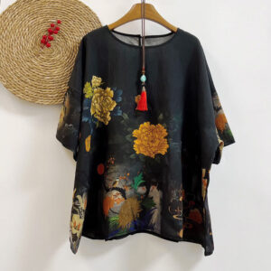 Buddha Stones Casual Printed Auspicious Clouds Various Petals Women's Crew Neck Design Half Sleeve Polyester T-shirt