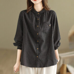 Buddha Stones Spring Causal Splice Design Striped Long Sleeve Button Lapel Cotton Linen Women's Shirt With Pocket