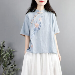 Buddha Stones Summer Flower Embroidery Half Sleeve Frog-Button Mandarin Collar Cotton Linen Women's Shirt