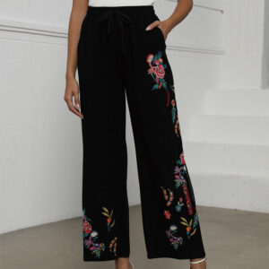 Buddha Stones Black Summer Plain Ethnic Embroidery Cotton Linen Drawstring Women's Pants With Pockets