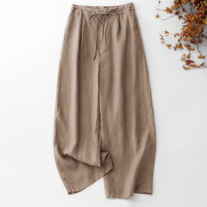 Buddha Stones Summer Plain Color Ankle-Length Drawstring Cotton Linen Women's Wide Leg Pants With Pockets Zipper
