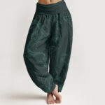 Buddha Stones Koi Fish Floral Pattern Women's Elastic Waist Harem Pants - DarkCyan - US22，UK/AU26，EU54 (6XL) - image 8