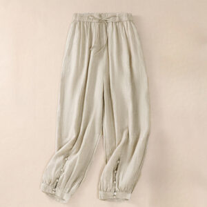 Buddha Stones Pure Color Drawstring Frog-Button Cotton Linen Women's Harem Pants With Pockets