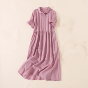 Buddha Stones Summer Buttons Design Short Sleeve Cotton Linen Midi Dress With Pockets
