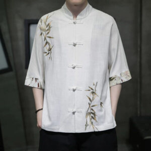 Buddha Stones Men's Frog-Button Bamboo Linen Half Sleeve Shirt