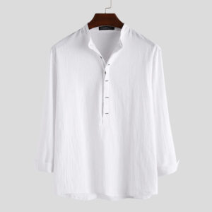 Buddha Stones Solid Color Half Buttons Long Sleeve Cotton Linen Men's Shirts