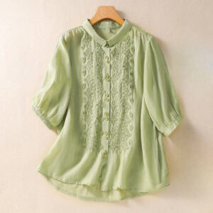 Buddha Stones Summer Plain Button Embroidery Flower Pattern Three Quarter Sleeve Lapel Cotton Linen Women's Shirt