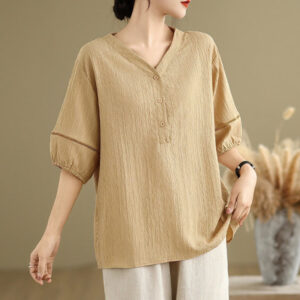 Buddha Stones Summer Casual Pure Half Puff Sleeve Half Button V-neck Women's T-Shirt