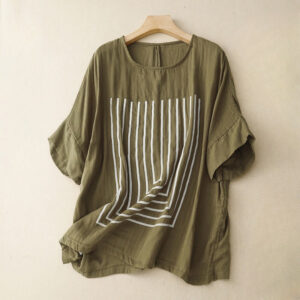 Buddha Stones Casual Line Printing Pattern Short Sleeve Cotton Linen Women's T-Shirt