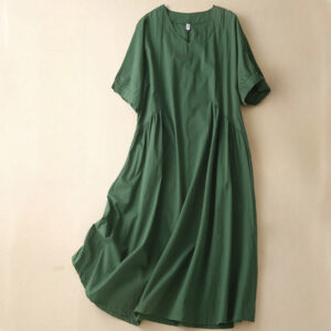 Buddha Stones Casual Pure Color Design Short Sleeve V-Neck Cotton Midi Dress With Pockets
