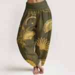 Buddha Stones Fan Flower Pattern Women's Elastic Waist Harem Pants - Olive - US22，UK/AU26，EU54 (6XL) - image 5