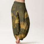 Buddha Stones Fan Flower Pattern Women's Elastic Waist Harem Pants - image 6