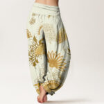 Buddha Stones Fan Flower Pattern Women's Elastic Waist Harem Pants - image 9