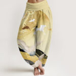 Buddha Stones Crane Sun Wave Pattern Women's Elastic Waist Harem Pants - LemonChiffon - US22，UK/AU26，EU54 (6XL) - image 8