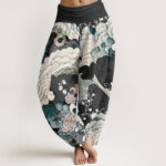 Buddha Stones Flower Wave Pattern Women's Elastic Waist Harem Pants - Black - US22，UK/AU26，EU54 (6XL) - image 5