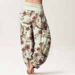 Buddha Stones Crane Peach Blossom Pattern Women's Elastic Waist Harem Pants - image 6