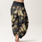 Buddha Stones Crane Peach Blossom Pattern Women's Elastic Waist Harem Pants - image 9