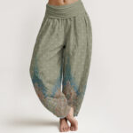 Buddha Stones Ethnic Peacock Floral Pattern Women's Elastic Waist Harem Pants - DarkSeaGreen - US22，UK/AU26，EU54 (6XL) - image 5