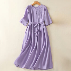 Buddha Stones Summer Orchid Embroidery Lace-Up V-Neck Half Sleeve Cotton Linen Midi Dress With Pockets