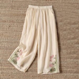 Buddha Stones Summer Embroidery Lotus Flower Lotus Leaf Pattern Women's Wide Leg Pants With Pockets