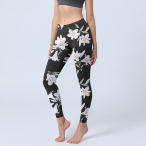 Buddha Stones Black Lily Flower Leaf Pattern Print Gym Leggings Women's Yoga Pants - Black - US18，UK/AU22，EU50 (4XL) - image 1